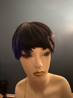 Short Pixie Wig in Dark Brown with Purple Streak - Women Hair
